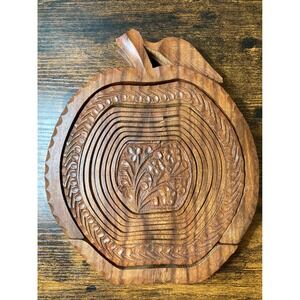 Vintage Hand Carved Wooden Collapsible Apple Basket Folding Fruit Bowl Trivet
